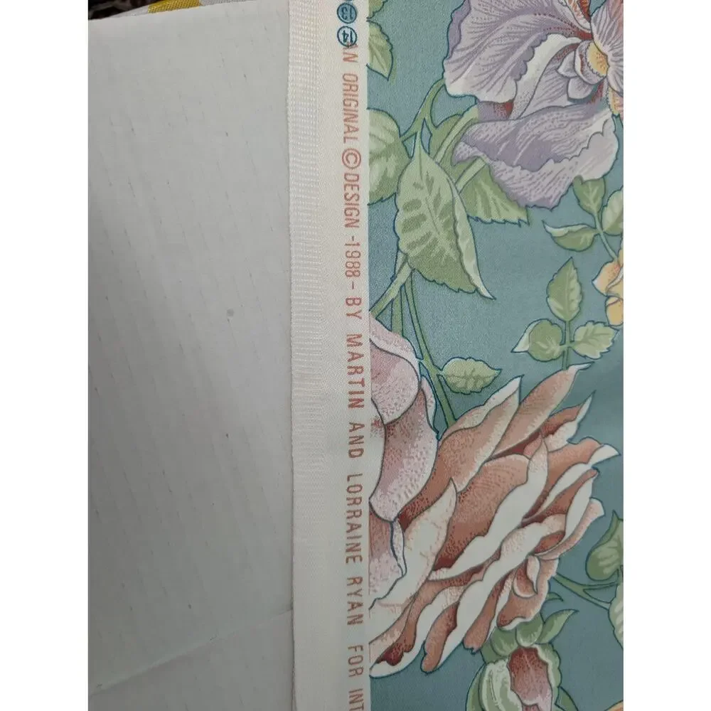 Vintage 1988 Martin Lorraine Ryan 54x64 In Teal Floral Teflon Upholstery Fabric